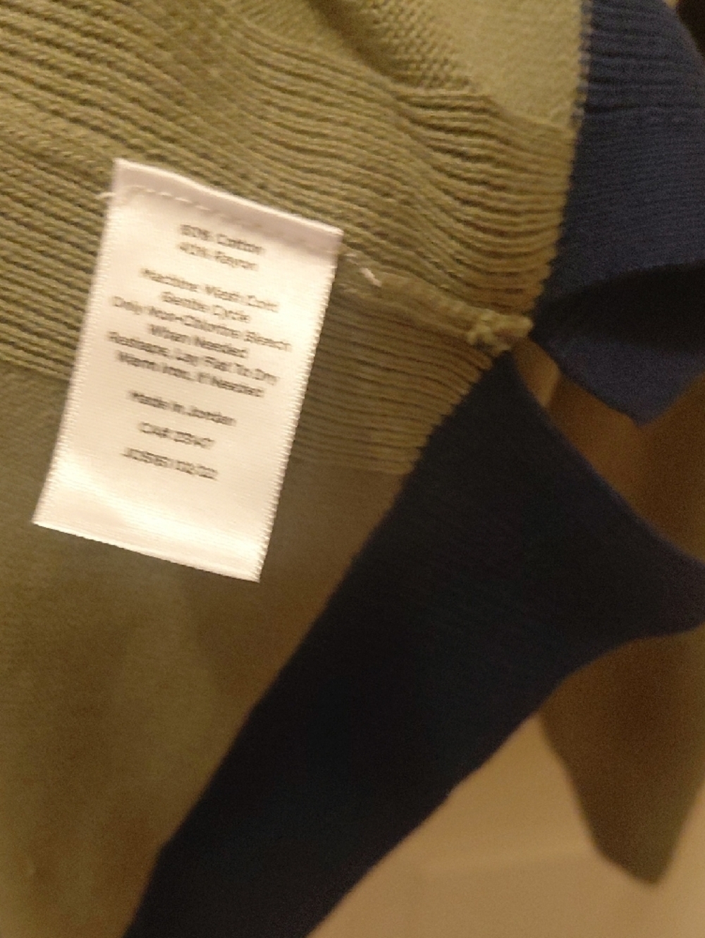 Talbots Olive Green V-Neck Cardigan with Yellow Trim and Navy Hem - Picture 3 of 7